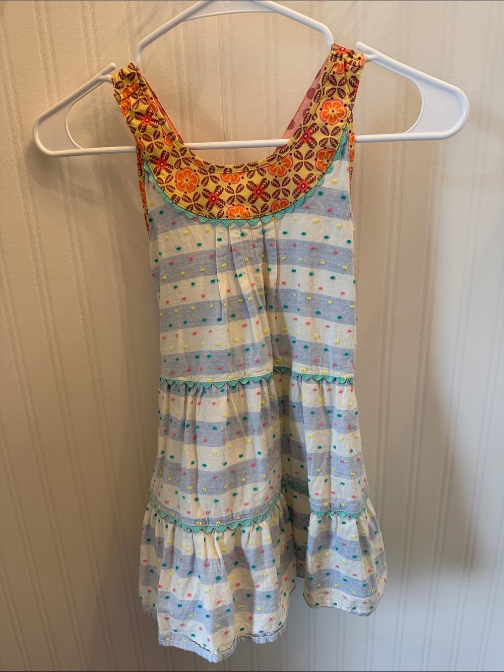 Matilda Jane White and Yellow Striped Tiered Dress with Multicolor Dots